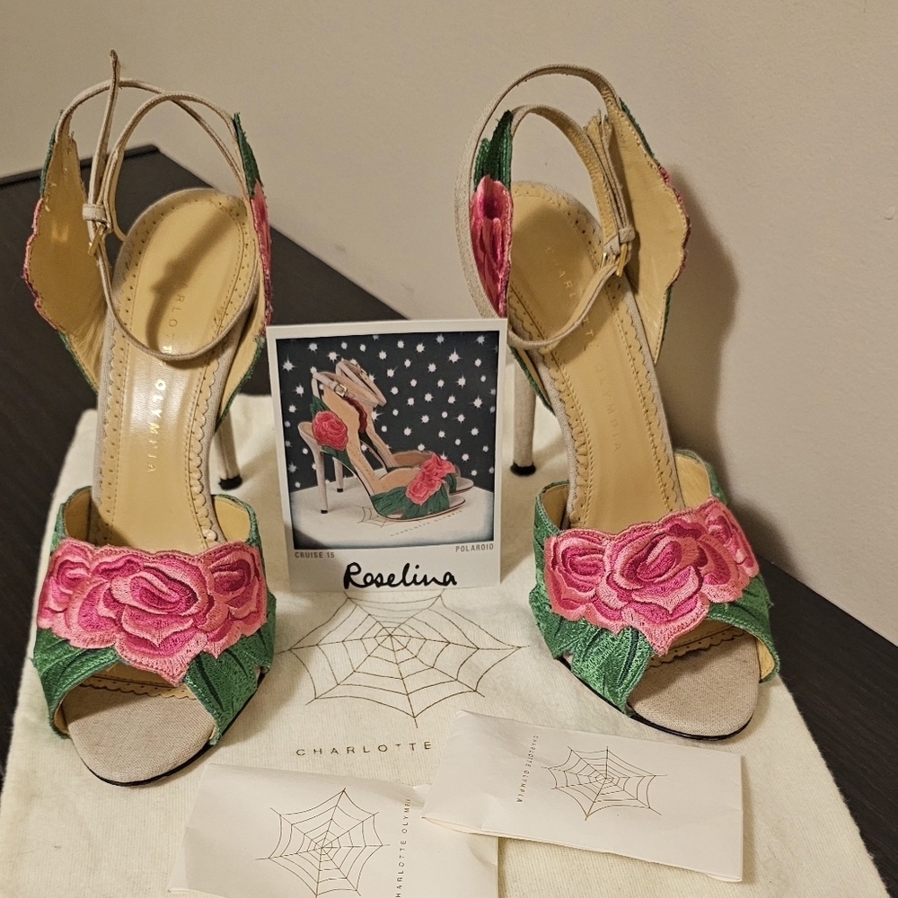Charlotte Olympia Roselina Rose Floral Embroidered Heels Sandals EU 38 Rare - Picture 10 of 12